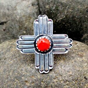 Zia Cross Sun Ring Orange Red Coral Shell Sterling Silver Size 7